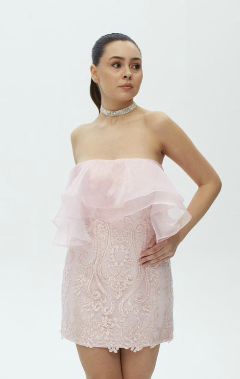 FLOUNCE DETAILED LACE MINI DRESS